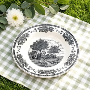 May include: A round ceramic bowl featuring a black and white transferware pattern. The center depicts a rural landscape with a house, trees, and figures. The rim is decorated with a detailed floral border of roses and leaves on a white base.