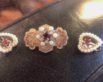 Vintage Art Deco Ruby Rhinestone Brooch and Pearl Heart Earrings