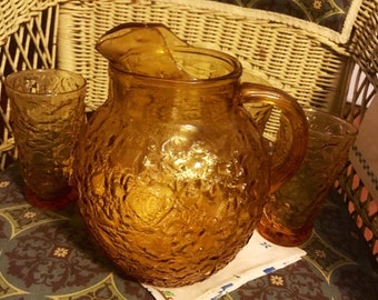 Anchor Hocking Amber Pitcher and Three Glasses