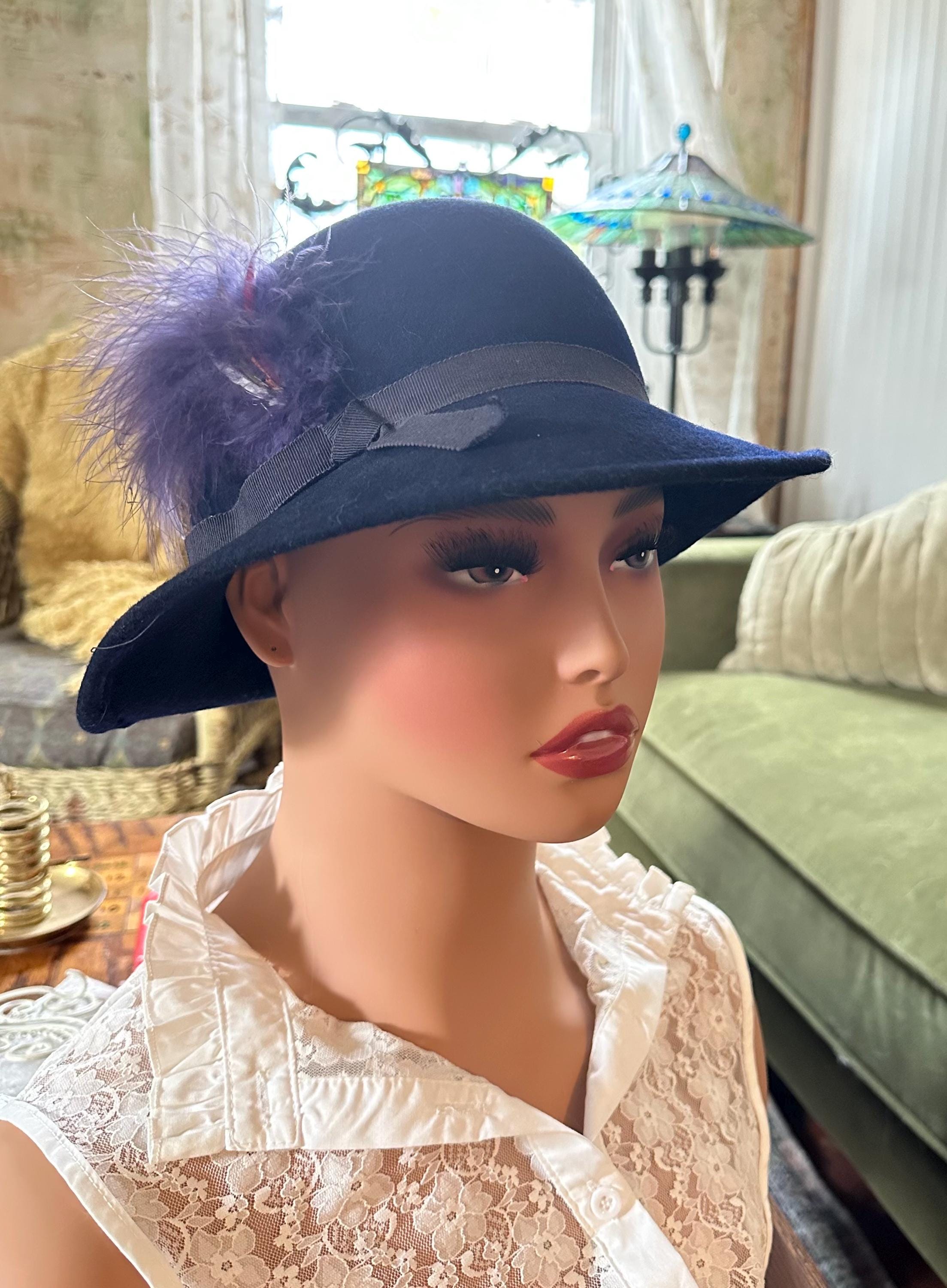 Bollman Womens Blue Cloche Hat Wool Sequins Feather Sparkle Party Vintage Ladies Bollman Navy Cloche Hat - Etsy main image 2