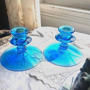 Vintage Fostoria Candlesticks- Electric Blue #2324