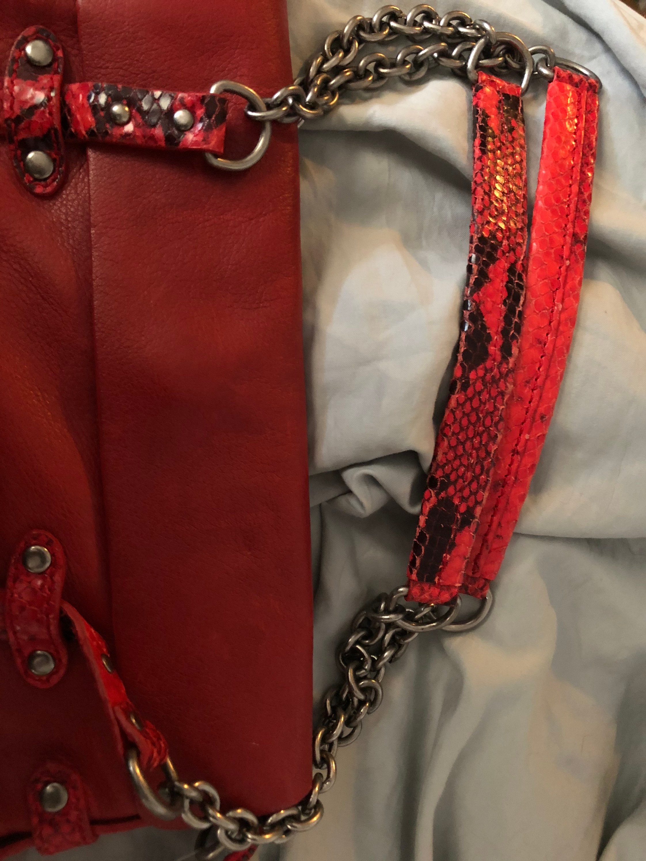 Cynthia Rowley Grace Red Leather and Snake Skin Shoulder Bag Red Leather Purse