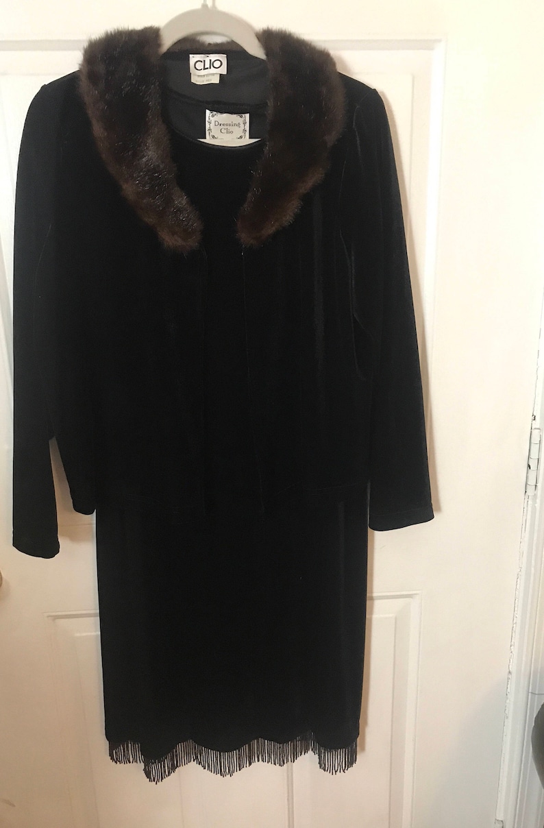 Vintage Velvet Dress Size Medium Black Velvet Dress and Jacket With Fur Trim image 2