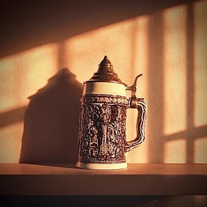 May include: A ceramic beer stein featuring a dark brown relief pattern of figures and architectural elements, topped with a metallic conical lid and a matching ornate handle, standing upright with a smooth cream-colored rim and base.