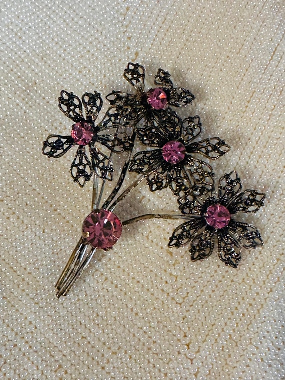 Antique Pink Rhinestone Flower Brooch - Antiqued … - image 6
