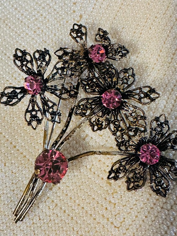 Antique Pink Rhinestone Flower Brooch - Antiqued … - image 7