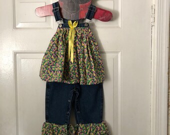 18 Month Girl Denim Overalls with Ruffled Front