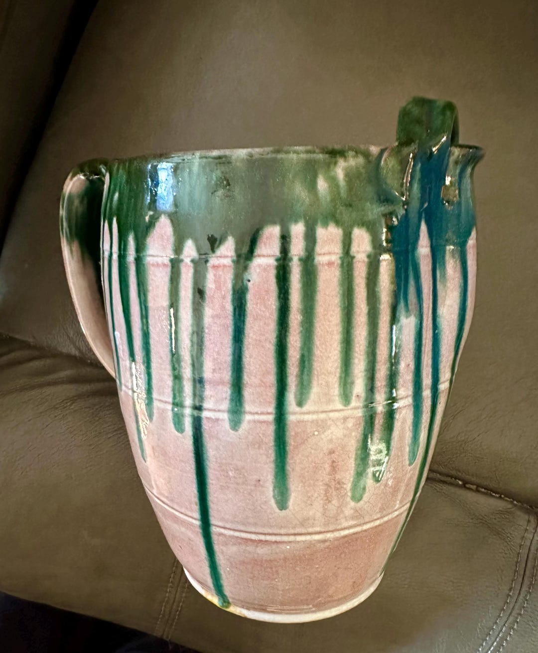 Large Studio Pottery Drip Glaze Pitcher – Tan, Green, Orange Ceramic ...