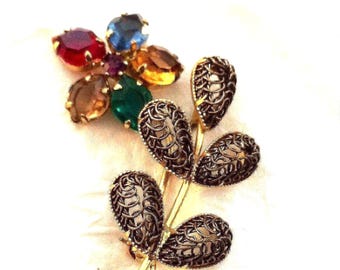 Vintage Austria Flower Brooch - Mid Century Filigree Pin