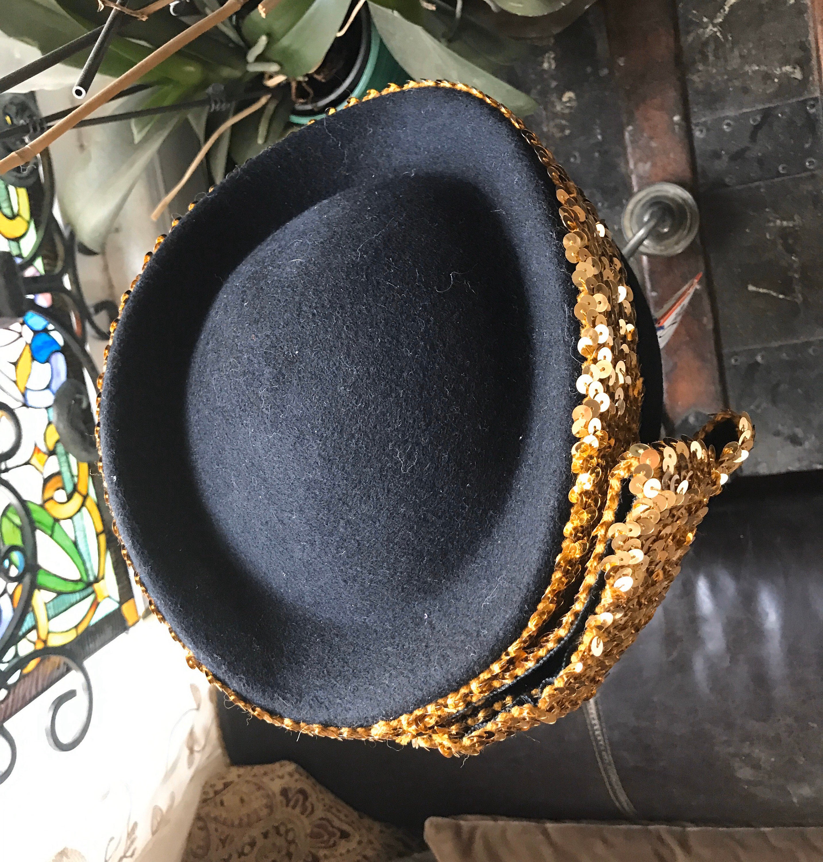 Vintage Mr John Hat - 70s Black Wool Hat With Gold Sequins 