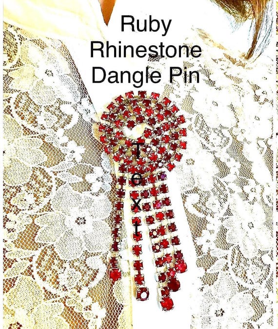 Unique Vintage Ruby Red Rhinestone Dangle Brooch - image 10