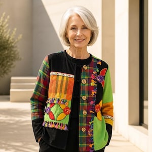 May include: A long-sleeved jacket featuring a patchwork design with black, green, orange, and red plaid fabric panels. The jacket includes circular floral appliqués, decorative fringe trim, and five round wooden buttons down the front closure.