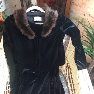 Vintage Velvet Dress Size Medium Black Velvet Dress and Jacket With Fur Trim image 1