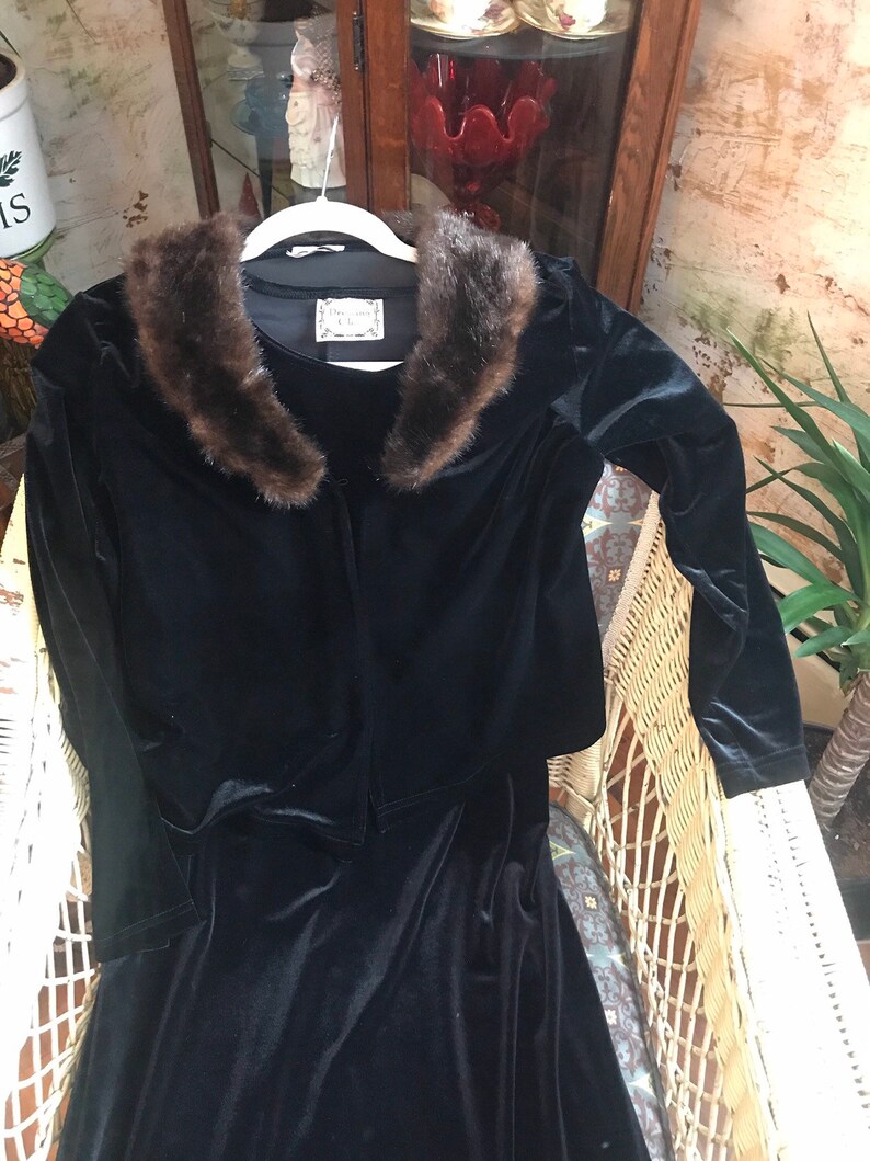 Vintage Velvet Dress Size Medium Black Velvet Dress and Jacket With Fur Trim image 1