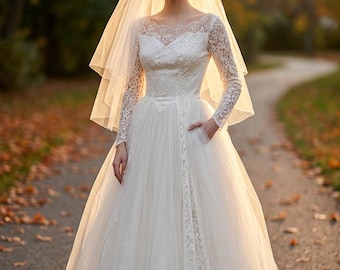 Vintage 1960s Tulle Wedding Dress with Lace, Veil
