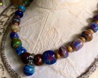 All Hand Fired Beads Necklace  - Beautiful  Assortment of Nineteen Hand made Locally Hand Fired - Bohemian Necklace - Handmade Glass Beads