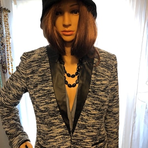 White House Black Market Black and White Tweed Blazer - Size 6 - Faux Leather Trim