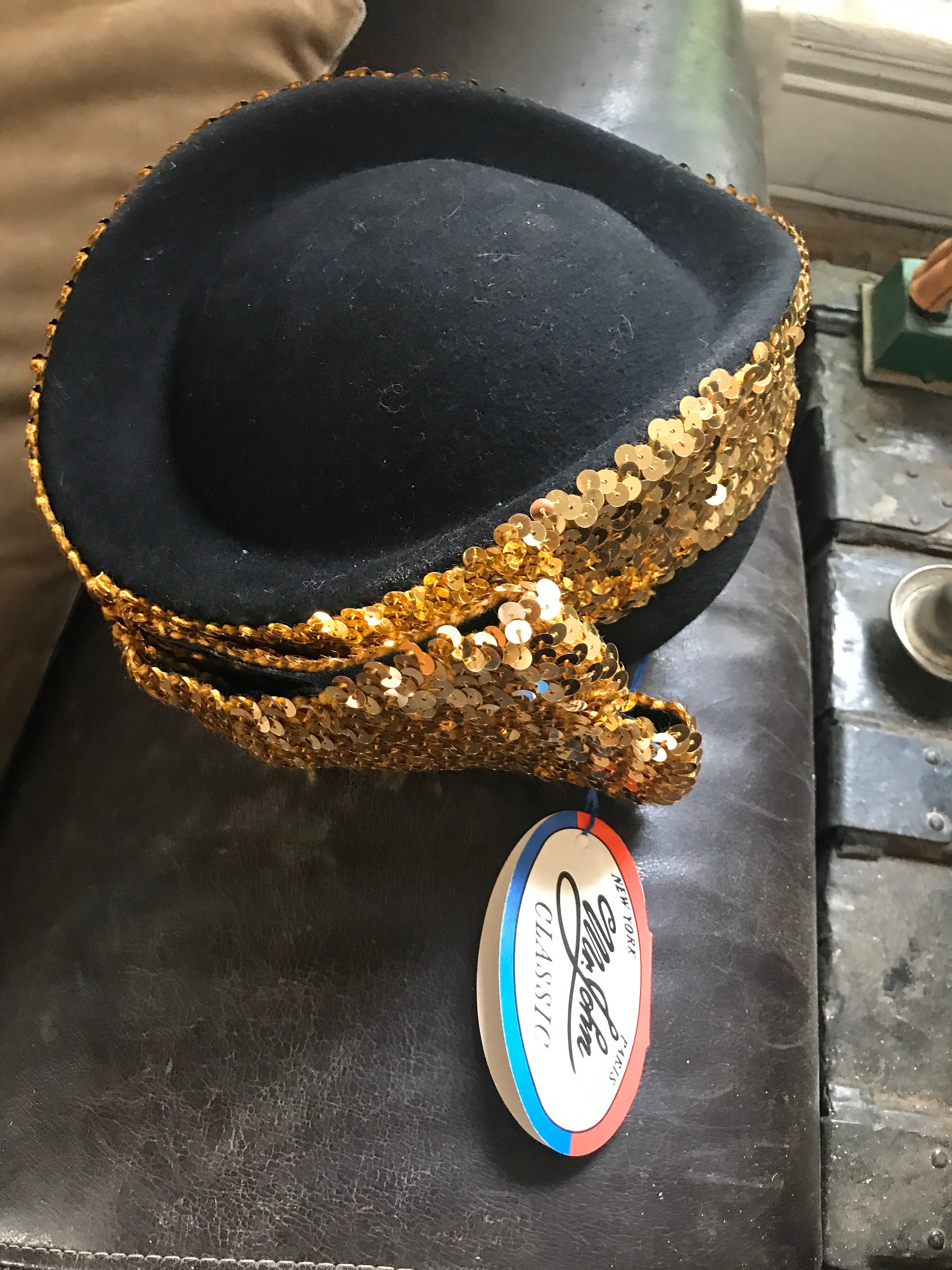 Mr. John Classic Vintage 70s Tall Pearl‎ and Jeweled Black and Grey Wool Hat Vintage Mr John Hat - 70s Black Wool Hat With Gold Sequins  main image 2