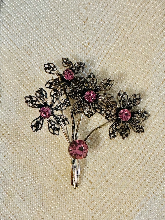 Antique Pink Rhinestone Flower Brooch - Antiqued … - image 10