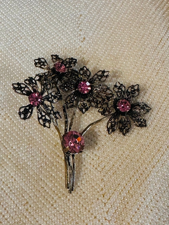 Antique Pink Rhinestone Flower Brooch - Antiqued … - image 2