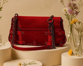 Cynthia Rowley Red Leather Shoulder Bag – Snake Skin Straps, Belted Style