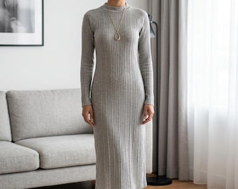 Heather Gray Sweater Dress - Long Sleeve Midi, Size Small