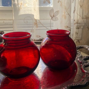 Pair of Ruby Red Anchor Hocking Ball Vases