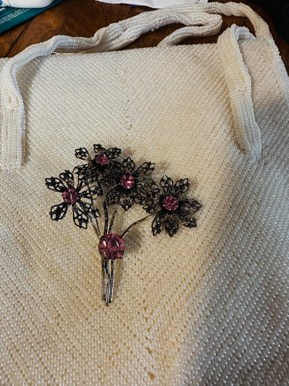 Antique Pink Rhinestone Flower Brooch - Antiqued … - image 4