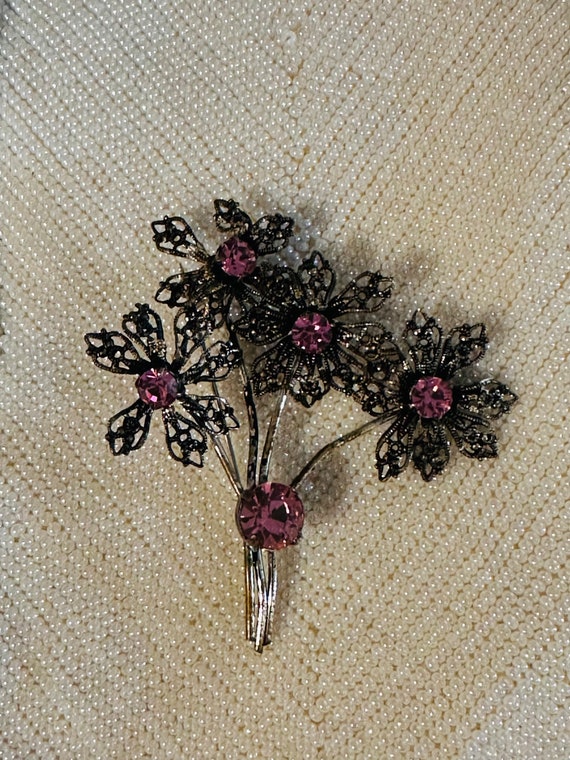 Antique Pink Rhinestone Flower Brooch - Antiqued … - image 3