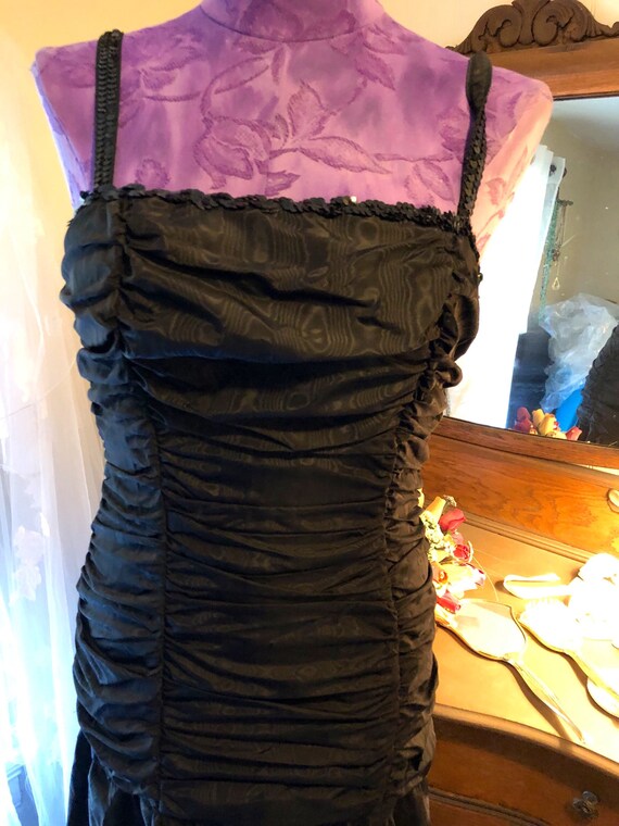 1980s Gunne Sax Black Satin Midi Dress - Size 9 Gu