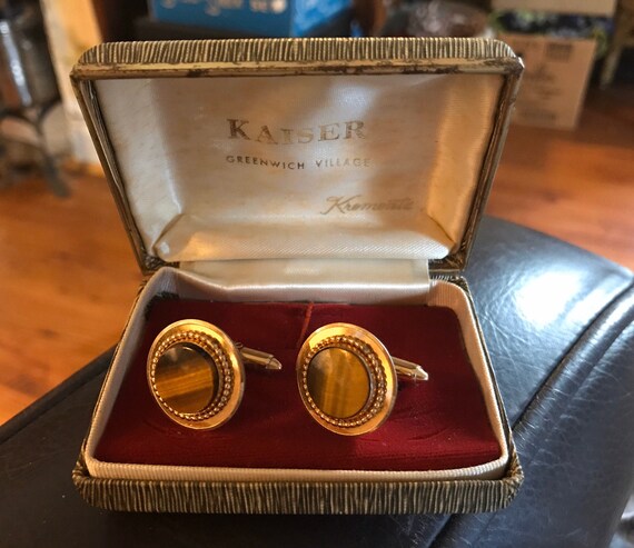 Vintage Krementz Mens Tiger Eye Cuff  Links - Ori… - image 1