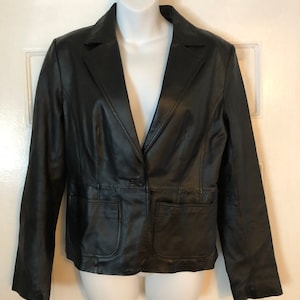 Ladies Black Leather Blazer - New York and Company Size 10 Black leather Blazer - Leather Blazer Jacket