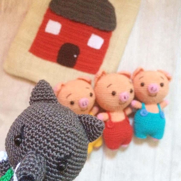 Trois petits cochons et le loup amigurumi, histoire pour enfants, animaux jouets, sac avec maison, cadeau unisexe