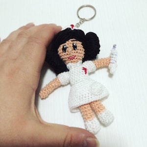 Nurse amigurumi white uniform miniature crochet doll keychain - gift for her