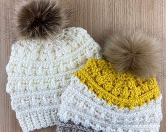 Crochet pattern - Crochet pom pom hat - ESRA Crochet beanie PDF Crochet hat  winter beanie -Toddler, Child, Teen, Adult sizes