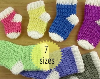 Crochet pattern - Baby socks- 7 sizes - instant download PDF video tutorial included