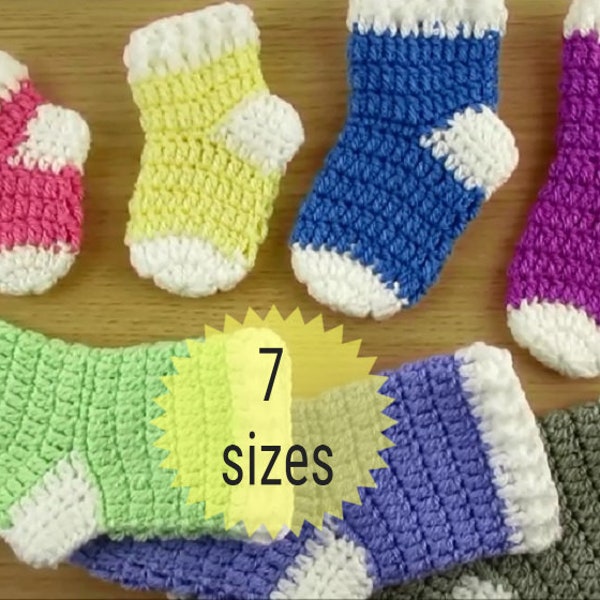 Crochet pattern - Baby socks- 7 sizes - instant download PDF video tutorial included