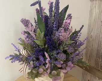 Country Lavender Arrangement in French Tin Bucket - Lavender Farmhouse Arrangement - Primitive Arrangement- Tabletop Decor- Cottage Deco