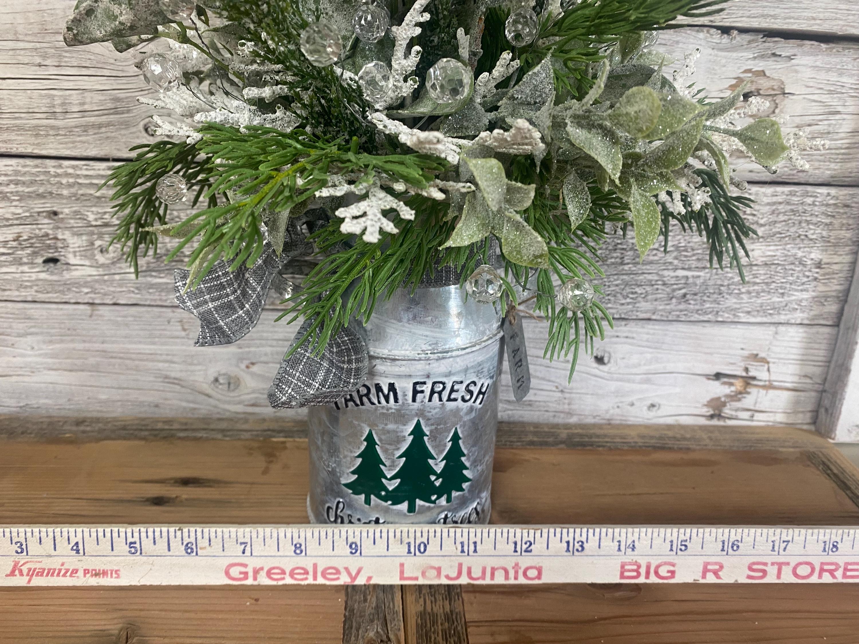 Farmhouse Christmas Milk Can Arrangement: Frosty Christmas Arrangement