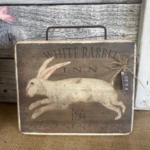 Primitive White Rabbit Standing Sign - 6 1/2x6 1/2 or 8x10 Primitive Easter Sign - Farmhouse Rabbit Sign - Tiered Tray Decor