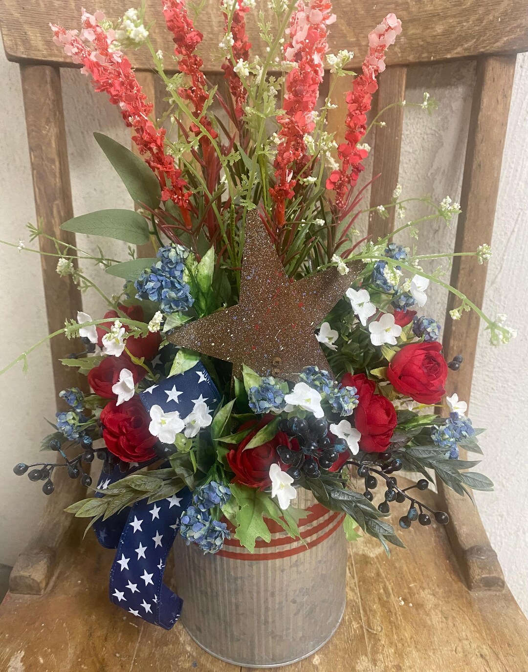 Patriotic Farmhouse Floral Arrangement: Red, White & Blue Decor - Etsy