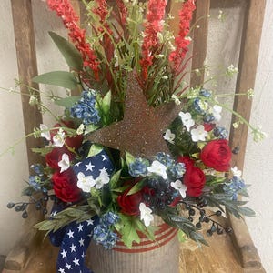 Patriotic Farmhouse Floral Arrangement: Red, White & Blue Decor