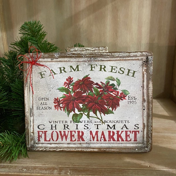 Farmhouse Christmas Poinsettia Sign With Stand-7x9 Handmade Sign with Stand-Tiered Tray Sign- Christmas Tray Decor- Farmhouse Christmas Sign