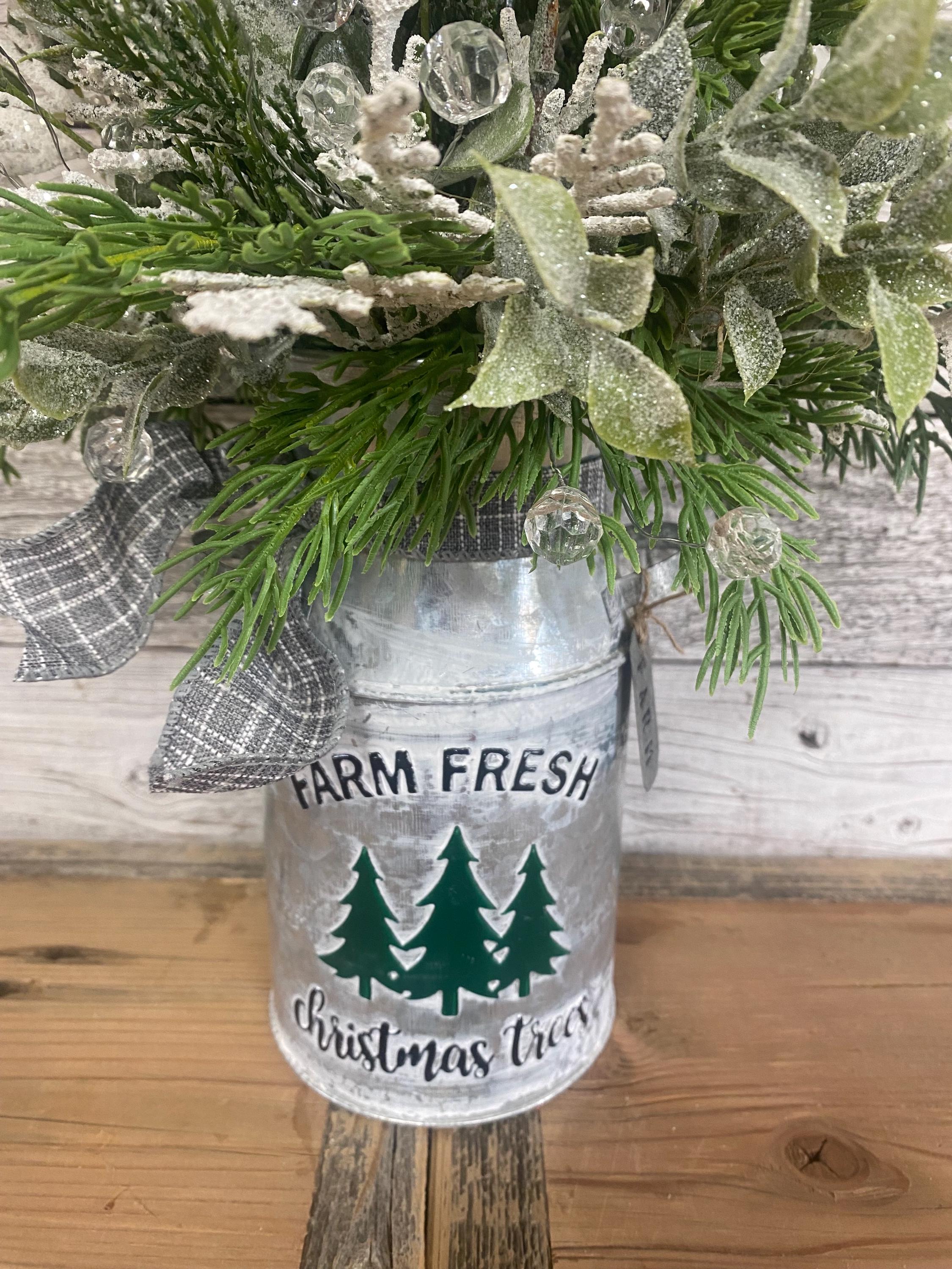 Farmhouse Christmas Milk Can Arrangement: Frosty Christmas Arrangement