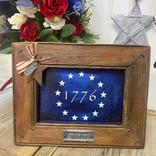 Primitive Tin and Wood 1776 Sign - Patriotic America Sign -Primitive 7 1/4 x 9 1/4 Standing Sign -Patriotic Tiered Tray Decor- 1776 Sign