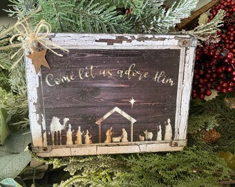 Primitive Nativity Sign With Stand - 8x6 handmade sign with stand- tiered tray sign- Christmas tray decor- primitive nativity sign