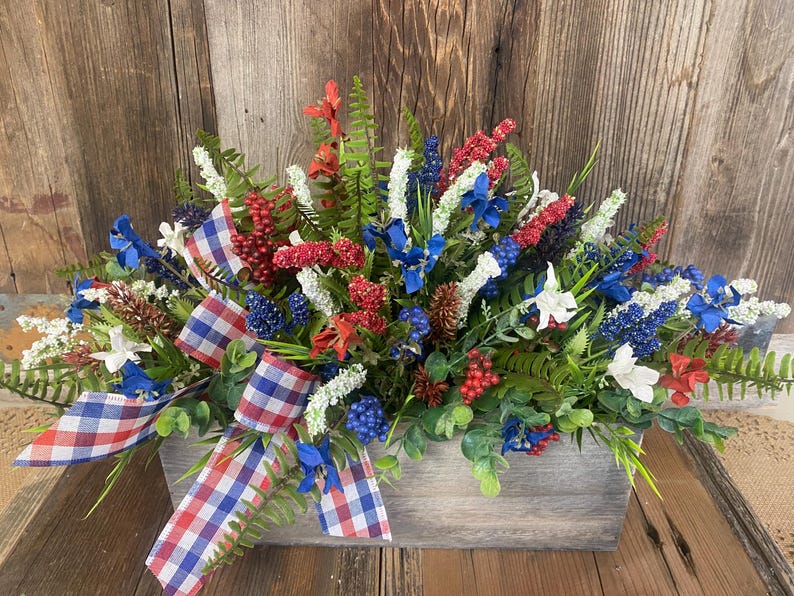 Red White Blue Floral Arrangement – Farmhouse Patriotic Wood Planter ...
