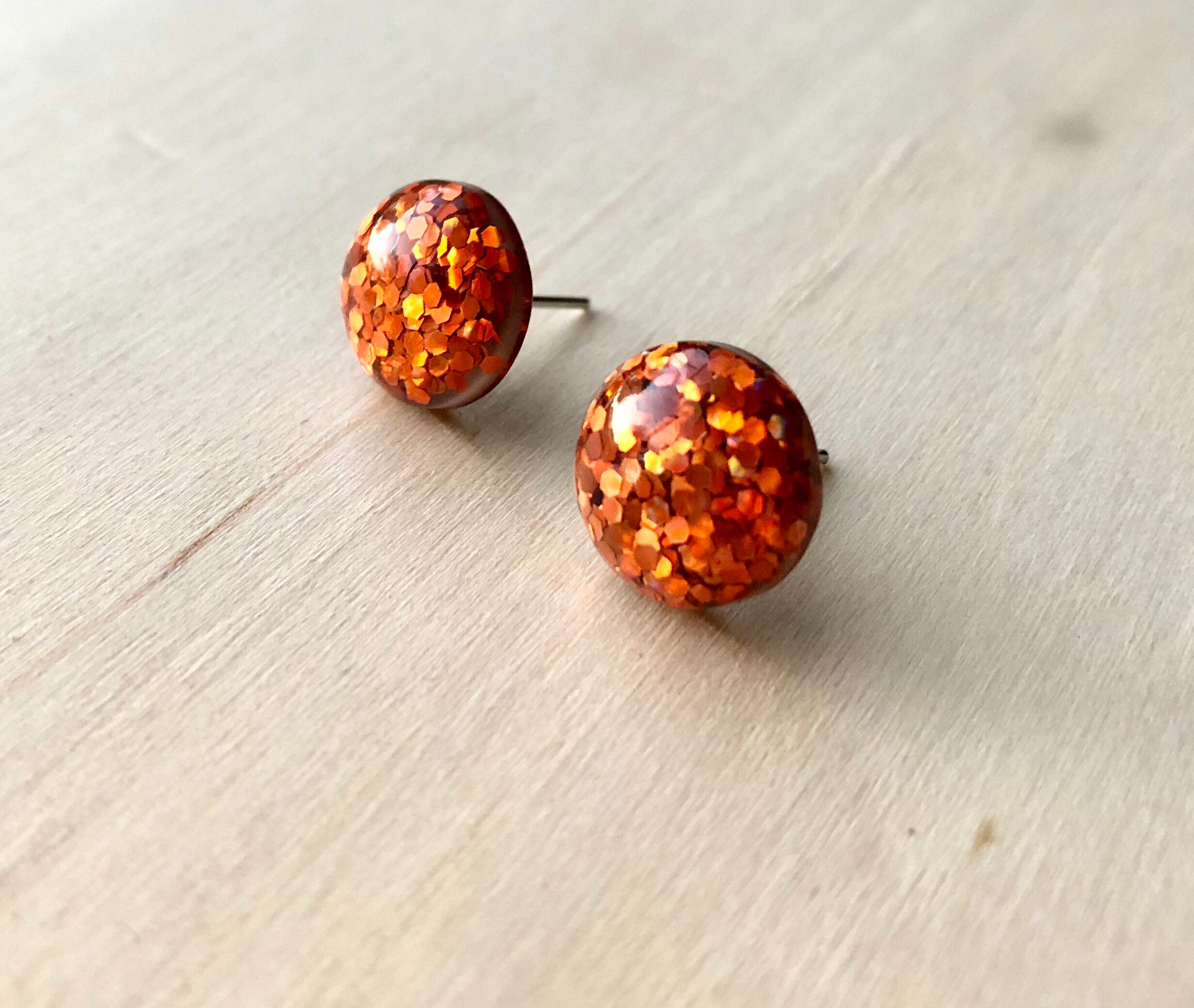 Orange Glitter Earrings//Orange Earring Studs//Halloween Etsy