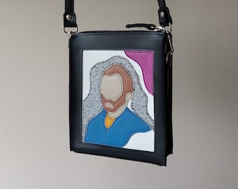 Leather crossbody bag with Van Gogh applique purse Genuine leather shoulder bag Women boho unique bags