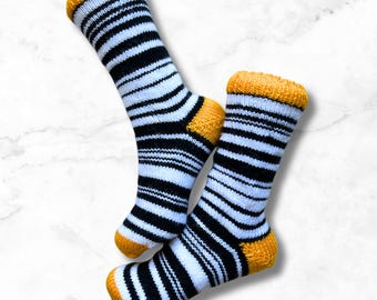 Cosy Hand-Knitted Socks - monochrome with yellow accents - UK Size 5-7